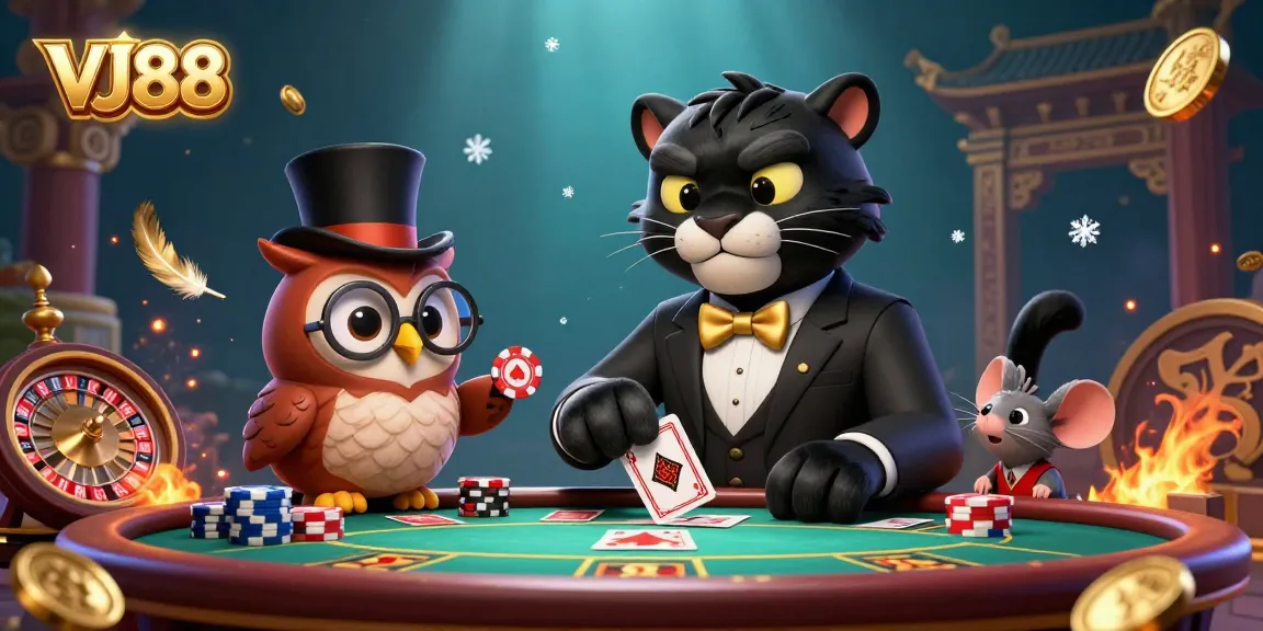 Experience VJ88's thrilling card games with a cartoon panther dealer, owl, and lucky mouse amidst vibrant casino elements.