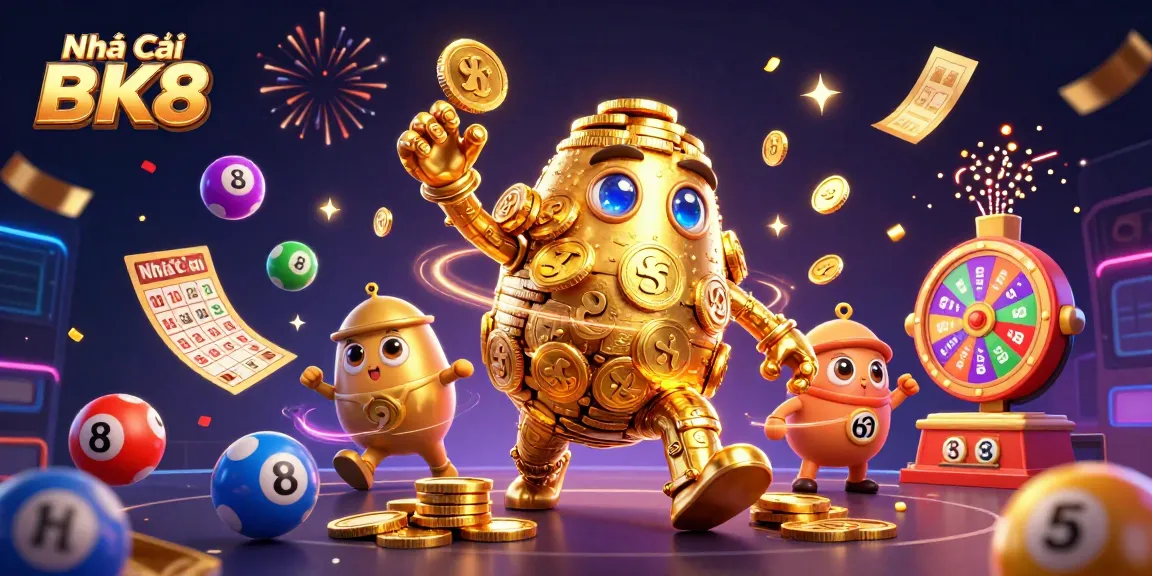 Engage with Nhà Cái BK8's exciting exclusive games, featuring vibrant lottery balls and spinning prizes.