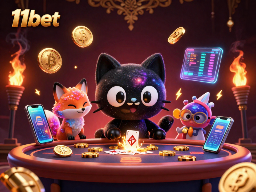 Engage with 11bet in this vibrant cosmic casino scene filled with cryptocurrency elements.