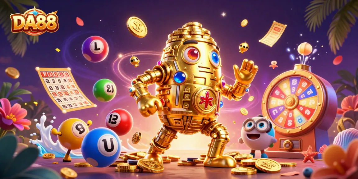 Engage with DA88's exciting casino adventure featuring vibrant lottery elements and a golden golem.