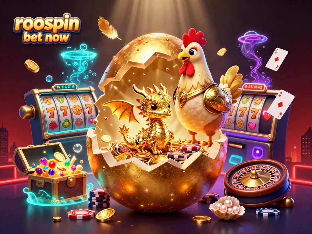 Experience the excitement at roospin bet now with a golden dragon amidst colorful casino magic.