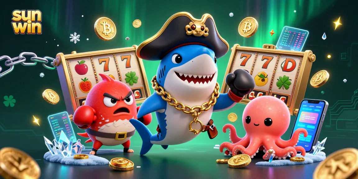 Spin and win at sun win with playful characters enjoying slots and cryptocurrency elements.