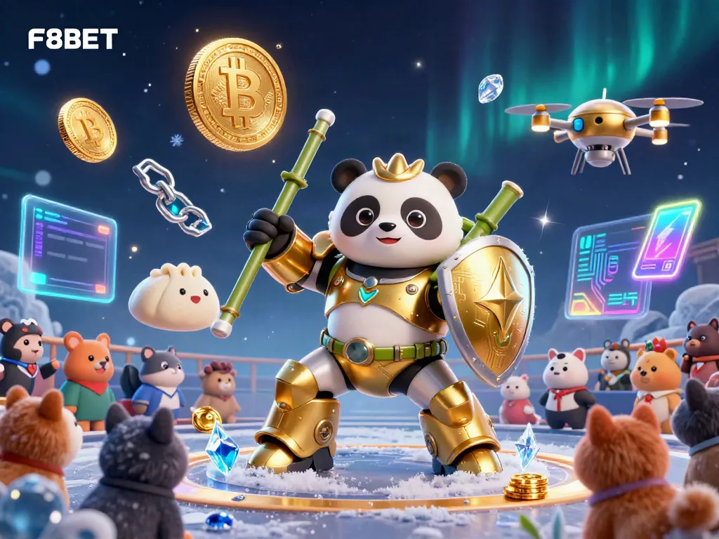 Experience the thrill of F8BET with the mech-suit panda in a vibrant casino arena.