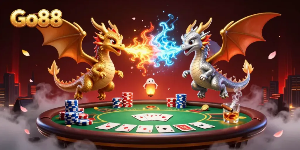 Engage in thrilling games at Go88 with dragons and poker elements in a vibrant casino scene.