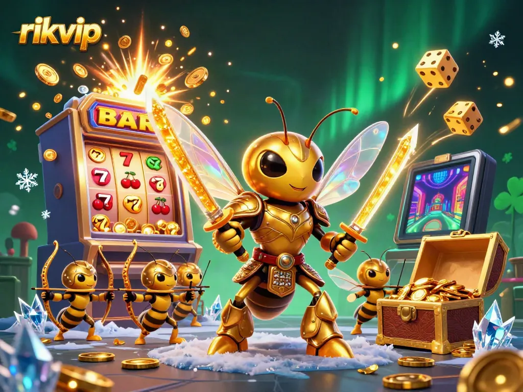 A 3D illustration showcasing the dynamic world of rikvip, featuring a giant golden hornet in samurai armor amidst a jackpot explosion and colorful casino elements.