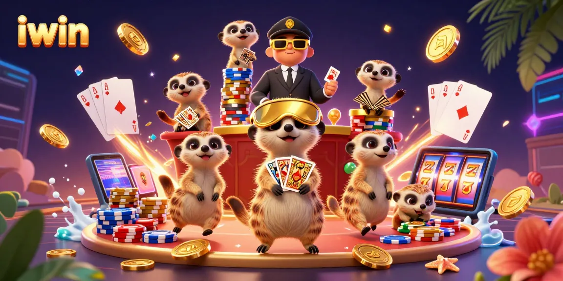 Experience excitement at iwin with meerkats managing a lively casino, surrounded by glittering treasures.