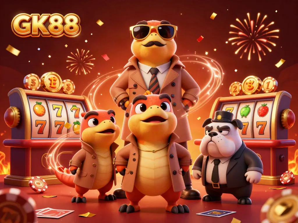 GK88 raptors gather around a VIP casino lounge amidst colorful slot reels and confetti.