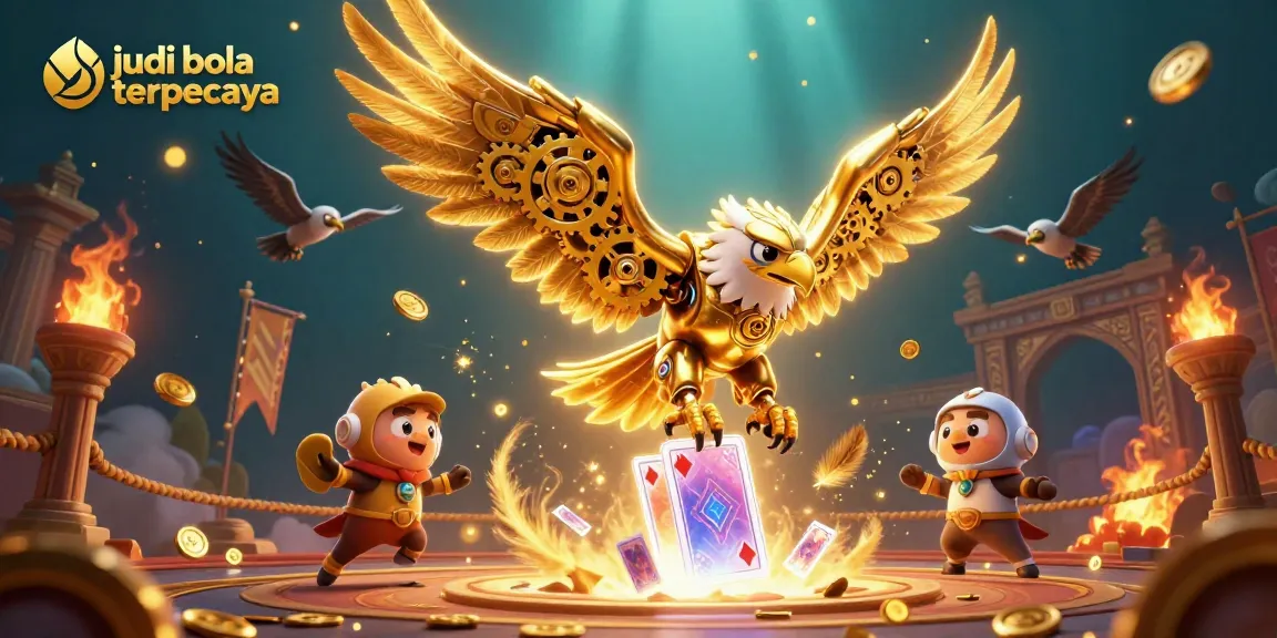 Engage with judi bola terpercaya through a stunning 3D illustration of a golden eagle amidst dynamic casino elements.
