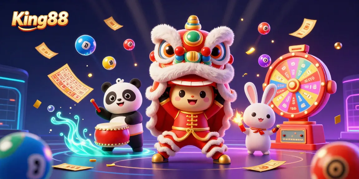 Engage with King88's vibrant 3D illustration showcasing exciting lottery dynamics and colorful gaming elements.