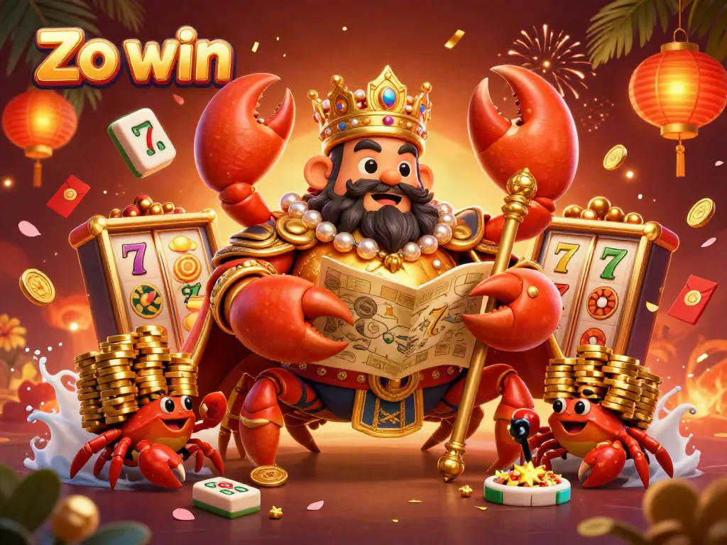 Experience the thrill of Zo win with a golden crab emperor leading a vibrant casino scene filled with games and treasures.