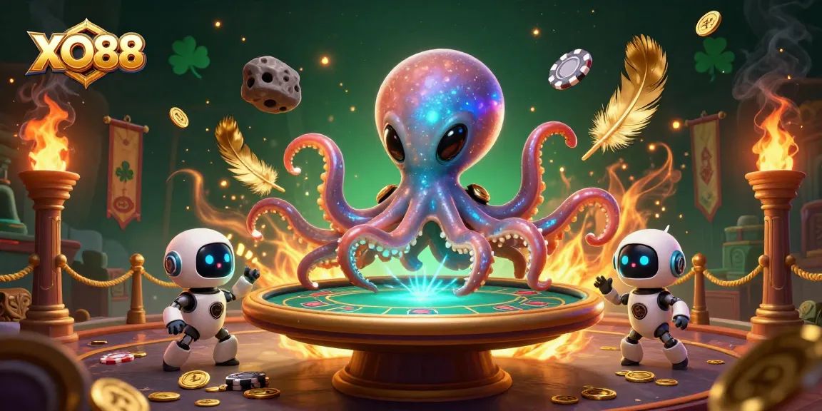 Experience thrilling gaming at XO88 with an alien octopus and robot at a holographic poker table.
