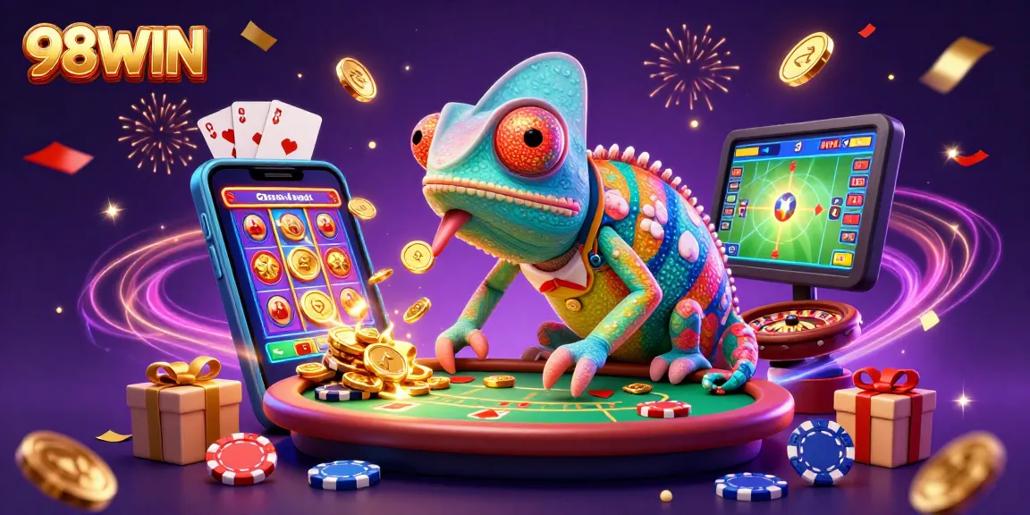 Experience the vibrant casino world with 98WIN as the chameleon snaps up coins amidst games.