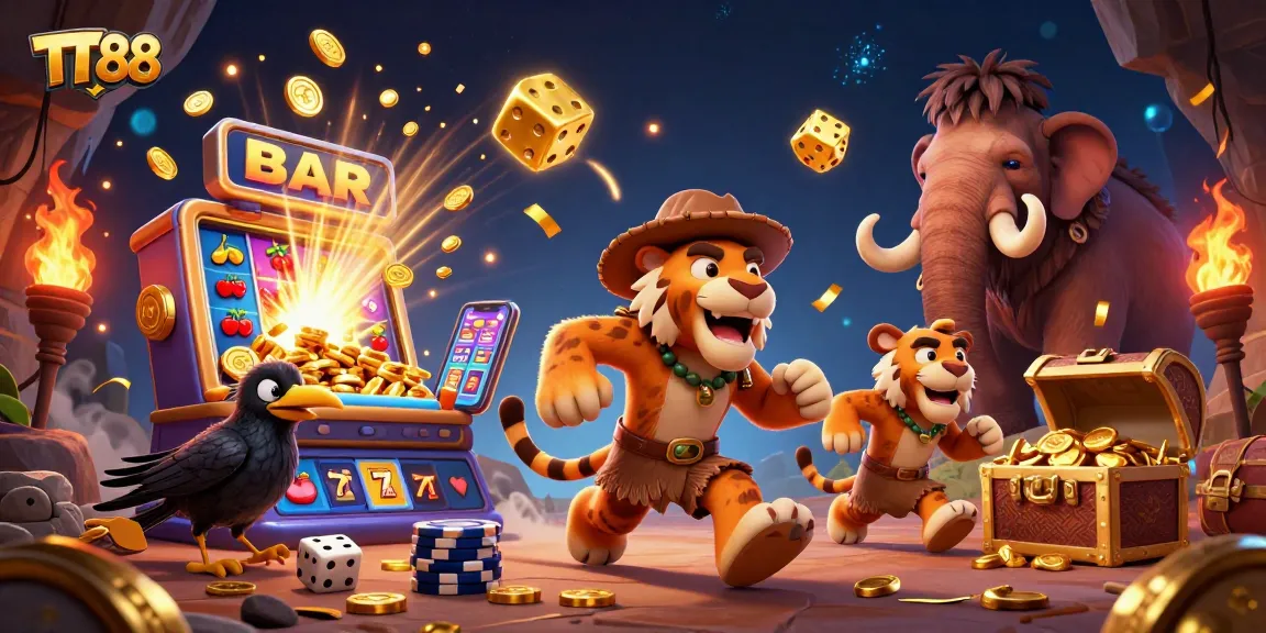 Play exciting casino games at TT88 with vibrant characters amidst thrilling slot action.