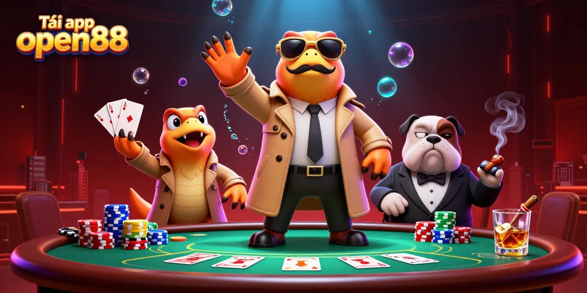 Experience the fun of gambling with Tải app open88, illustrated in an engaging 3D scene featuring raptors and casino elements.
