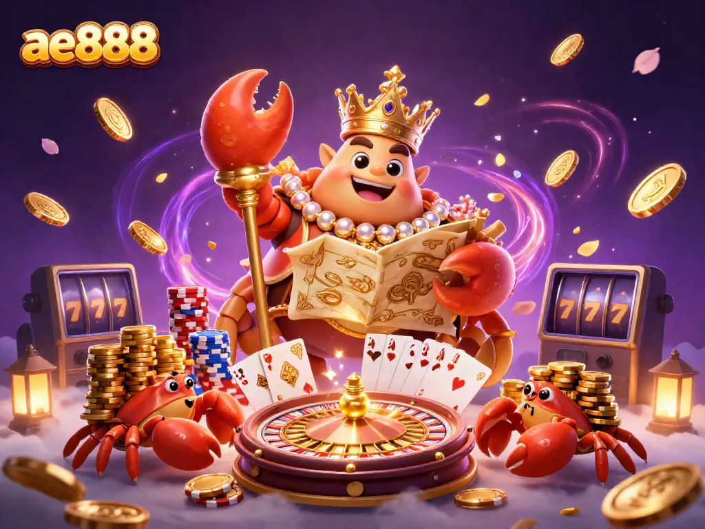 Experience thrilling gambling action with ae888's golden crab emperor amidst treasures.