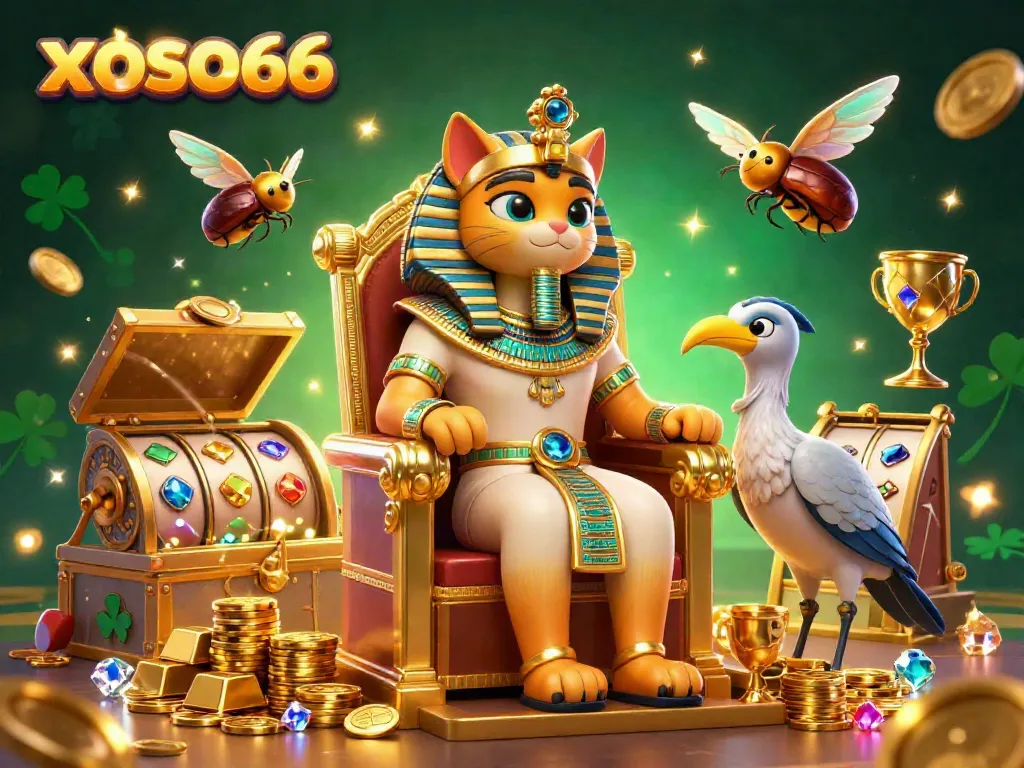 Experience the thrill of xoso66 with a vibrant illustration of a pharaoh cat surrounded by treasure and slot reels.
