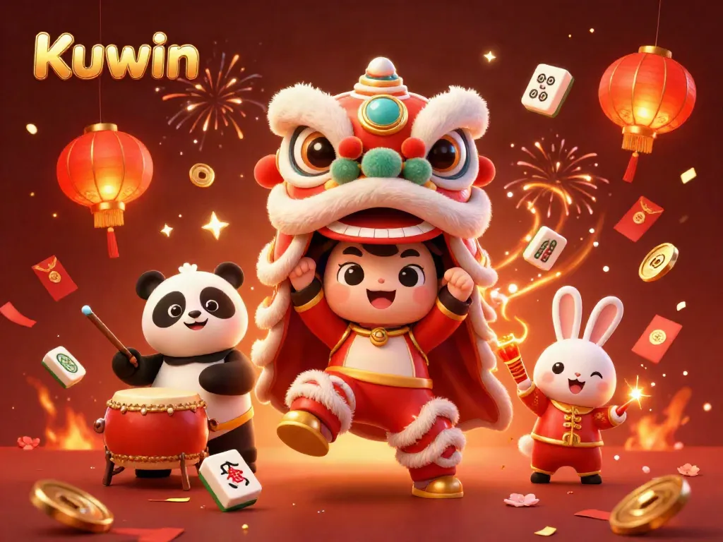 Kuwin's vibrant celebration with a lion dance, drumming panda, and colorful decorations showcasing a lively casino atmosphere.