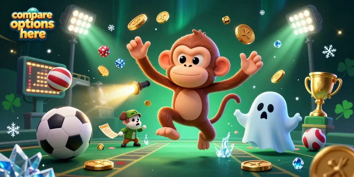 Compare options here in a lively scene featuring a playful poltergeist monkey and a ghost-hunter puppy amidst floating casino elements.