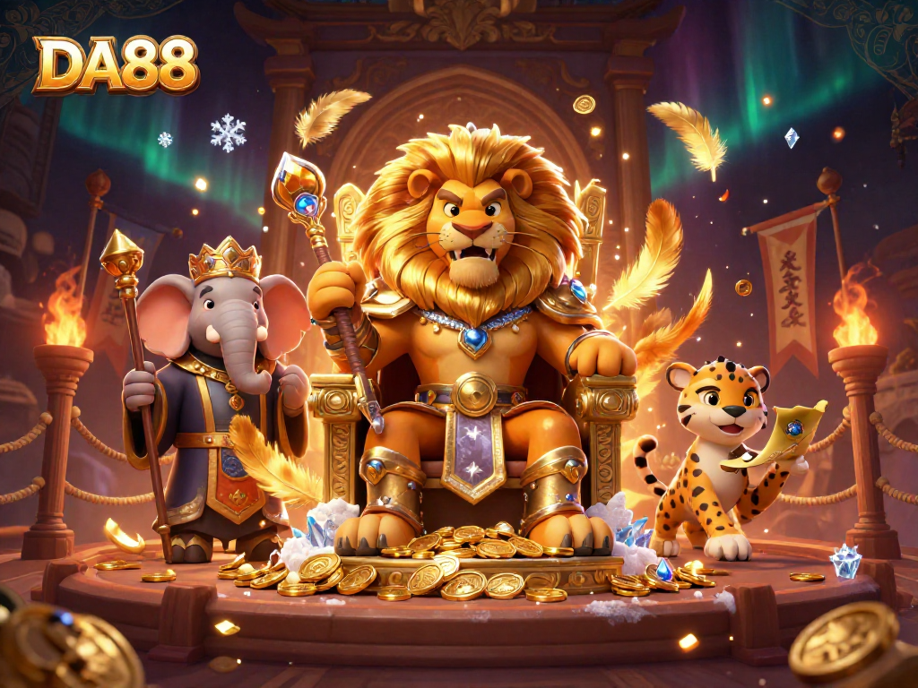 Experience DA88's epic casino scene with a lion, elephant, and cheetah among golden treasures.
