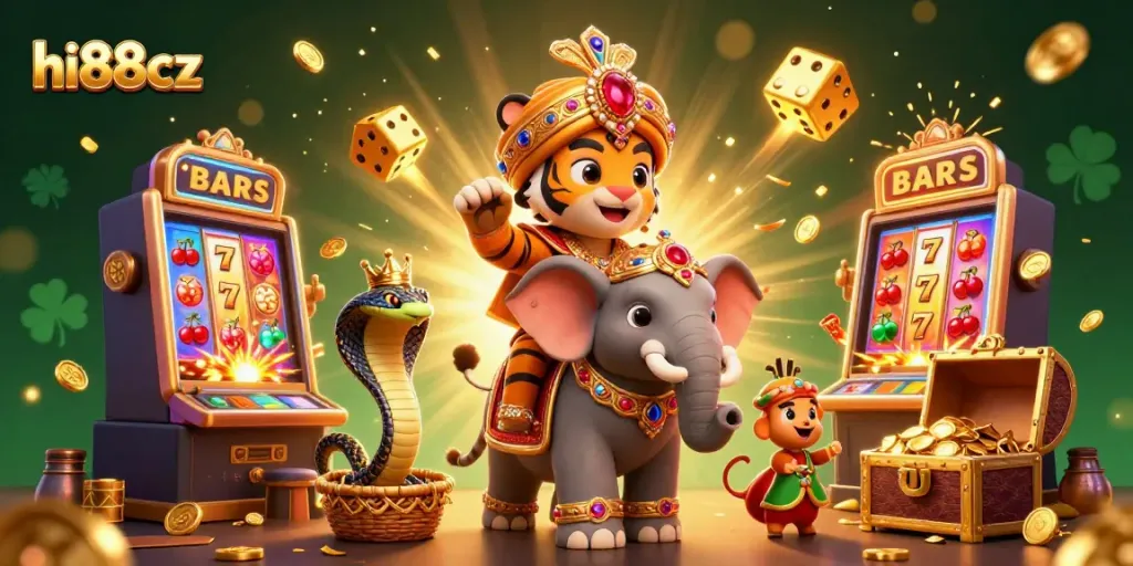Win big with hi88cz in this vibrant casino-themed illustration featuring exciting elements.