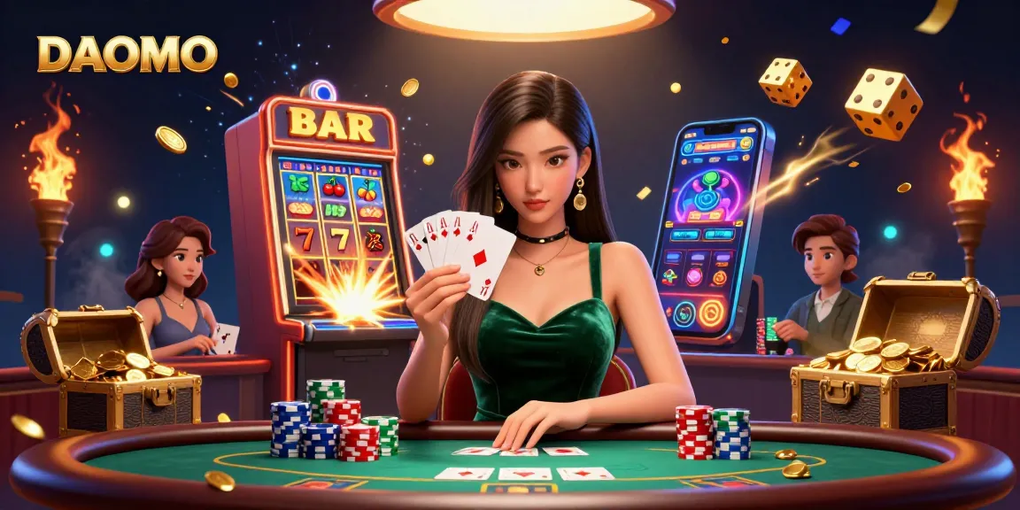Experience thrilling wins at DAOMO with an Asian woman at a luxury poker table surrounded by dynamic casino elements.