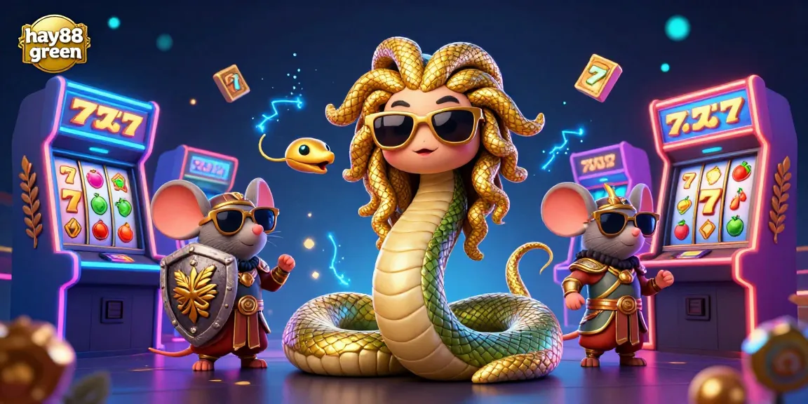 Spin the reels with excitement at hay88 green, featuring vibrant Medusa and warrior gaming in a fun, immersive scene.