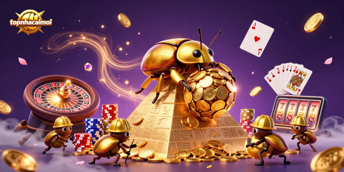 topnhacaimoi features a massive golden dung beetle rolling coins as casino symbols surround an energetic scene