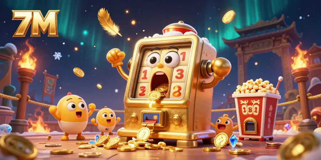 Celebrate wins with 7M in a vibrant scene featuring a golden slot machine hitting a jackpot amidst cheering machines.