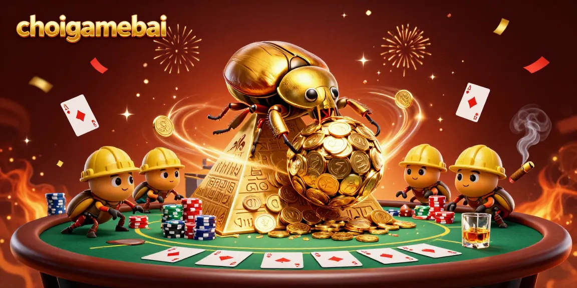 Engage in thrilling gameplay at choigamebai with golden beetles rolling coins in a vibrant casino scene.