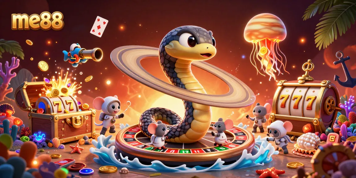 Engage in thrilling gameplay at me88 with a colorful 3D casino scene that combines slots, fishing games, and a live dealer atmosphere.