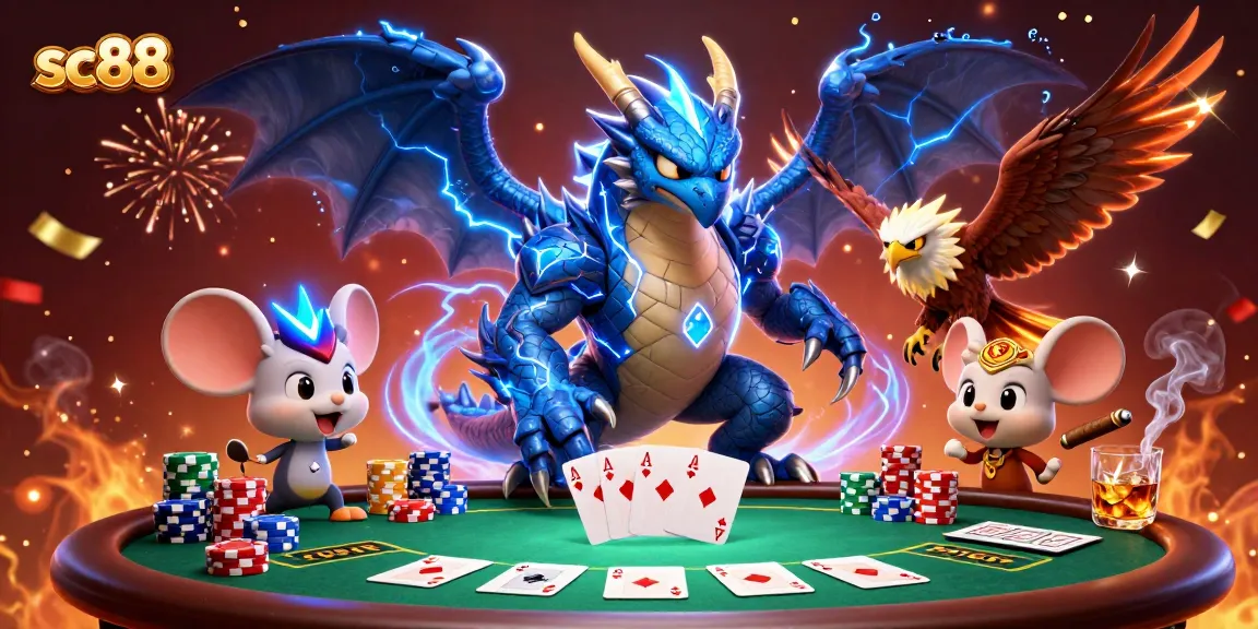 Experience thrilling gaming with sc88 and a cartoon thunder dragon at a poker table.