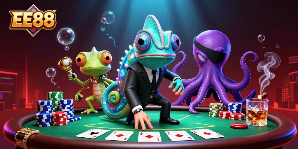 EE88 engaging scene with a colorful chameleon, tech-savvy gecko, and a villainous octopus at a thrilling poker table.