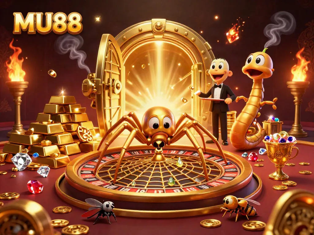 Experience the thrilling bets at MU88 with a golden roulette wheel spun by a spider, centipede croupier, and treasures.