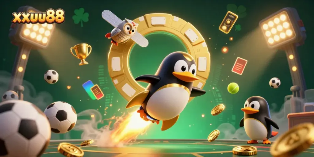 Experience winning excitement with xxuu88 as a golden penguin blasts toward a casino in space.