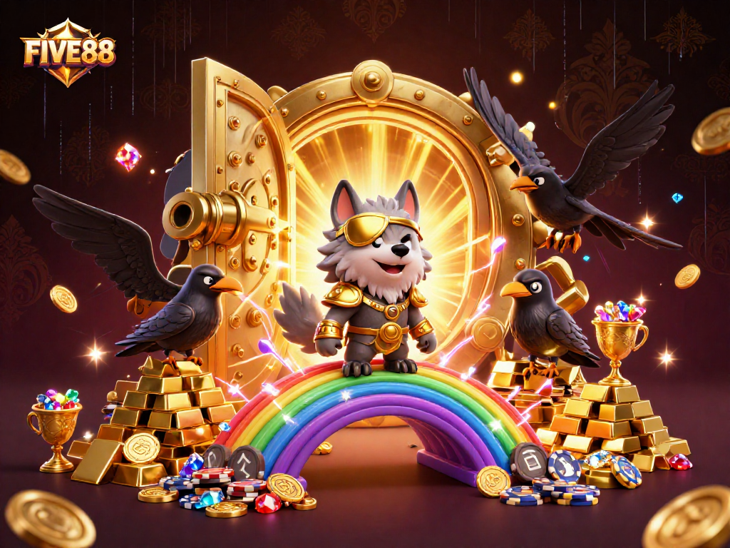 Engage in FIVE88’s vibrant casino adventure with Odin and his mystical ravens on a colorful chip bridge.