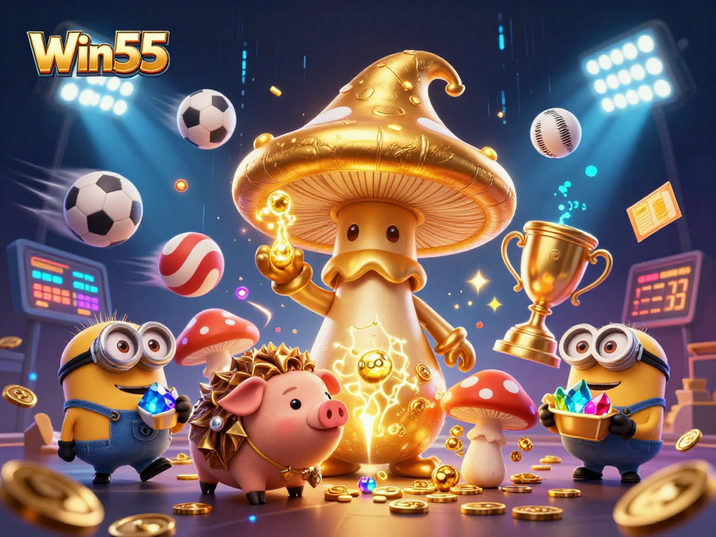 Experience the magic of Win55 with a wizard, truffle pig, and vibrant sports elements!
