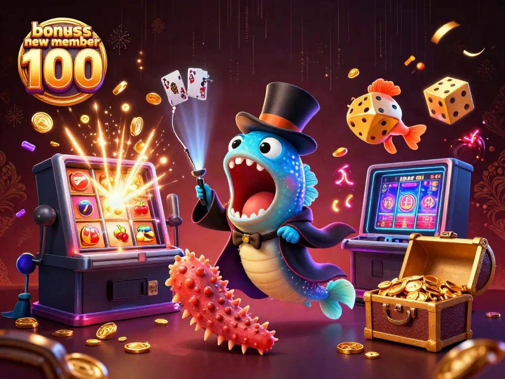 Experience the excitement of winning at slots with the bonus new member 100 promotion in this vibrant 3D casino scene.