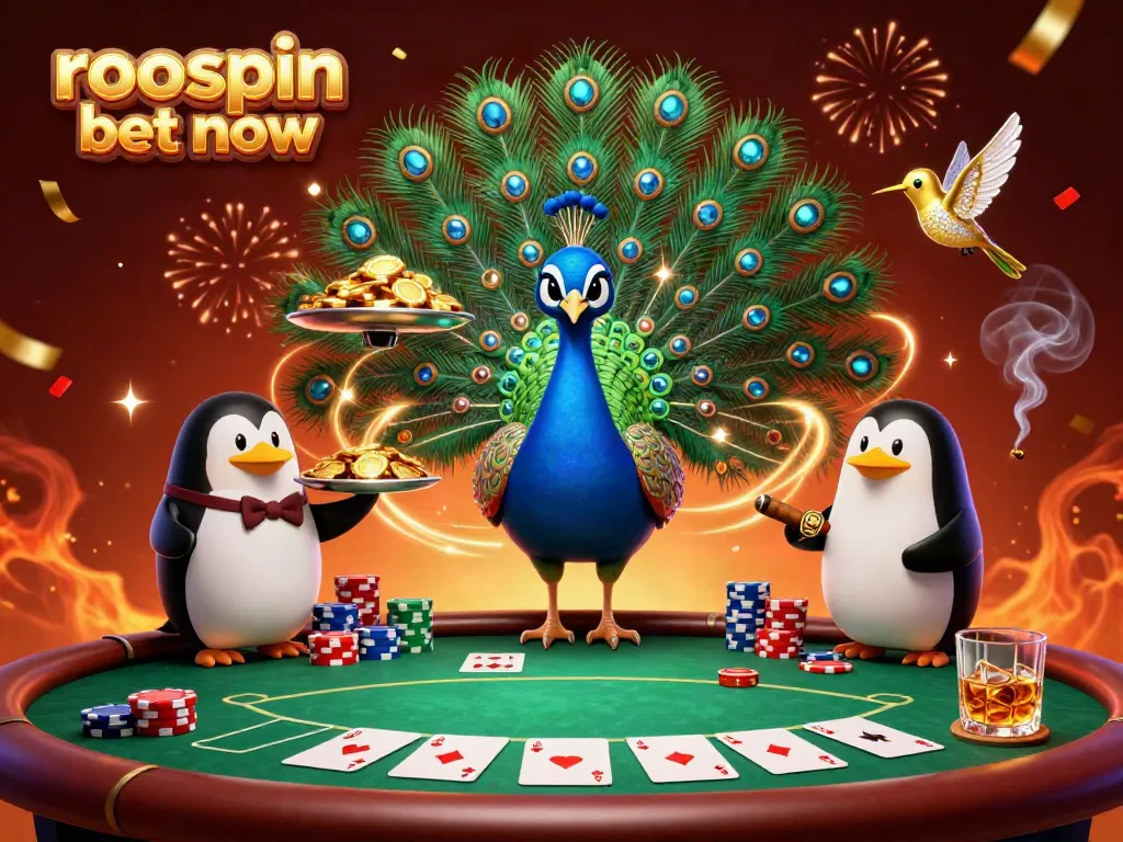 Experience the thrill of poker with roospin bet now alongside a vibrant peacock, penguin, and hummingbird.