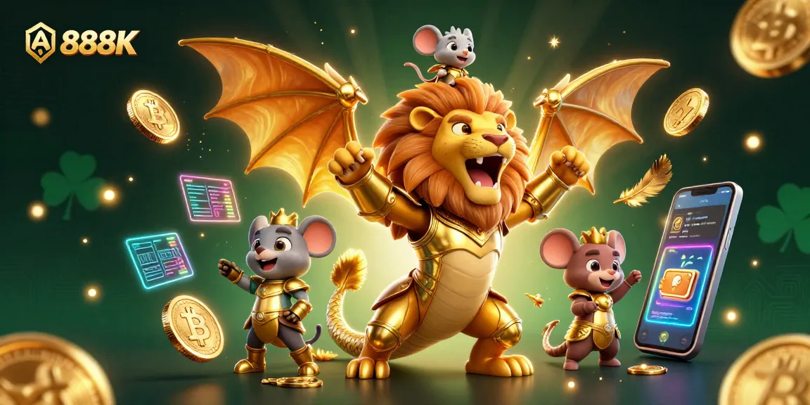 Engage with 888K, showcasing a victorious chimera hero in a vibrant casino scene with crypto elements.