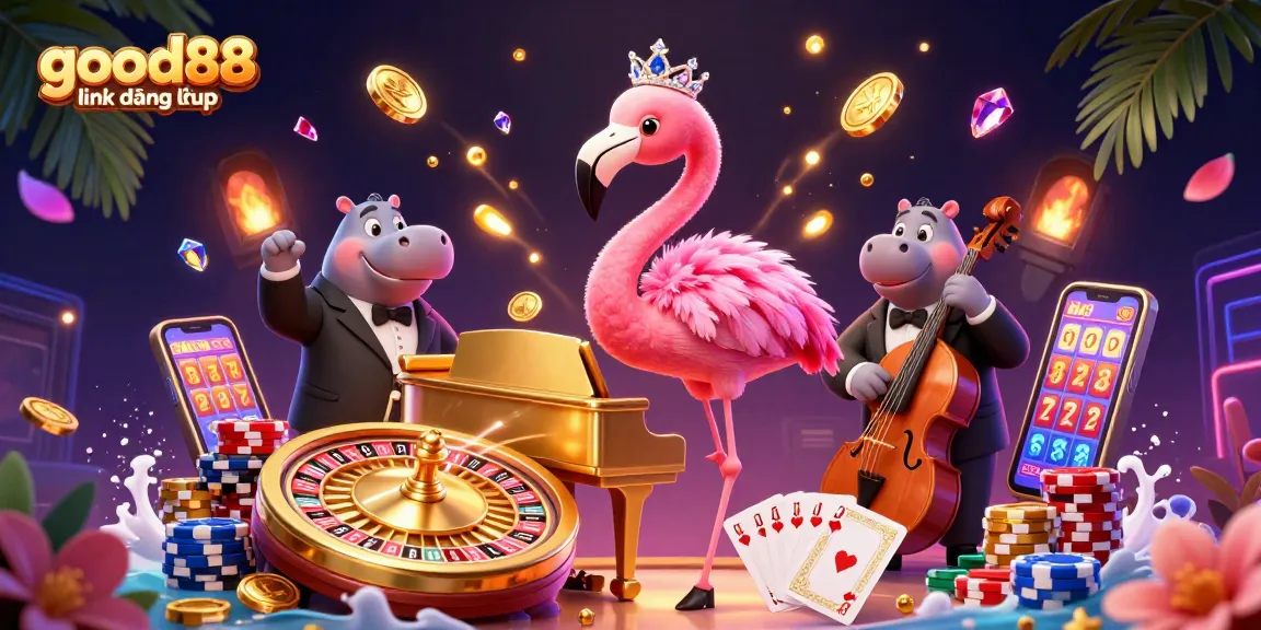 Experience the thrill of good88 link đăng nhập with a vibrant casino scene featuring a flamingo singer and a hippo bassist.