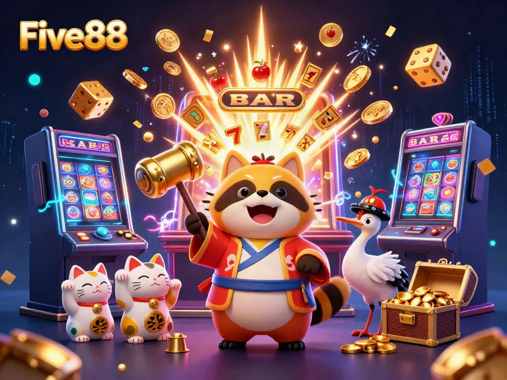 Experience the thrill at Five88 with a vibrant digital casino scene showcasing colorful characters and jackpots.