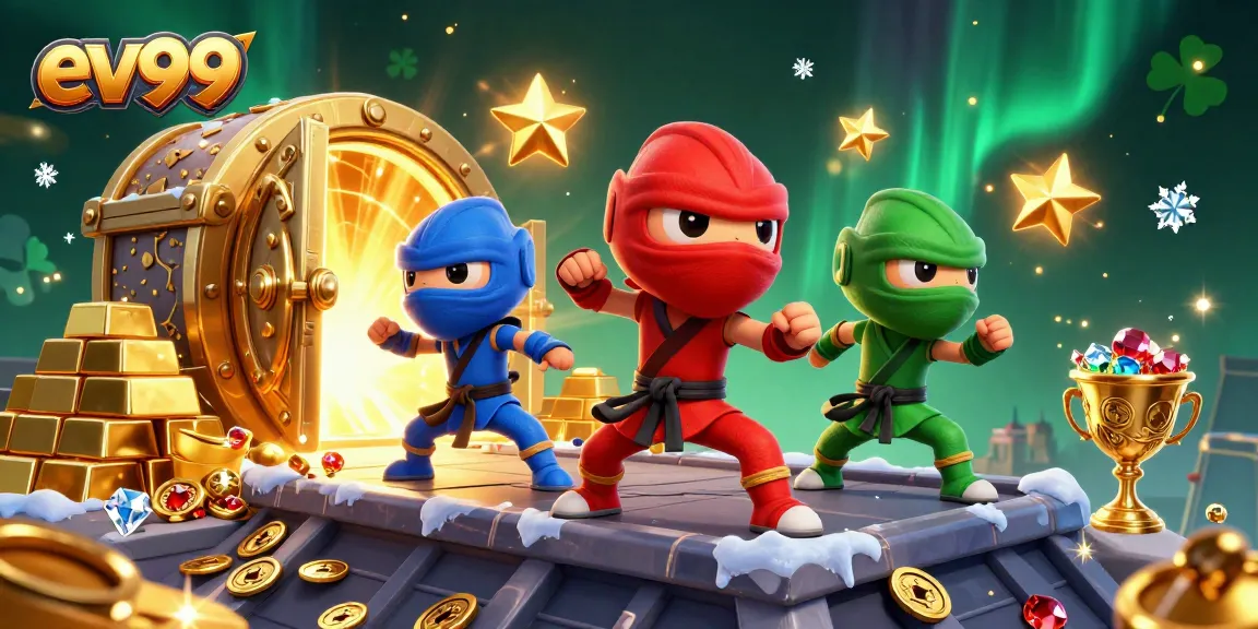 Experience ev99's thrilling atmosphere as ninja chameleons battle amidst treasures in a vibrant casino scene.