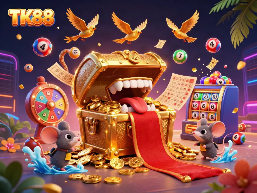 Engage with TK88's casino thrills through a vibrant 3D treasure chest scene, teeming with dynamic gaming symbols.