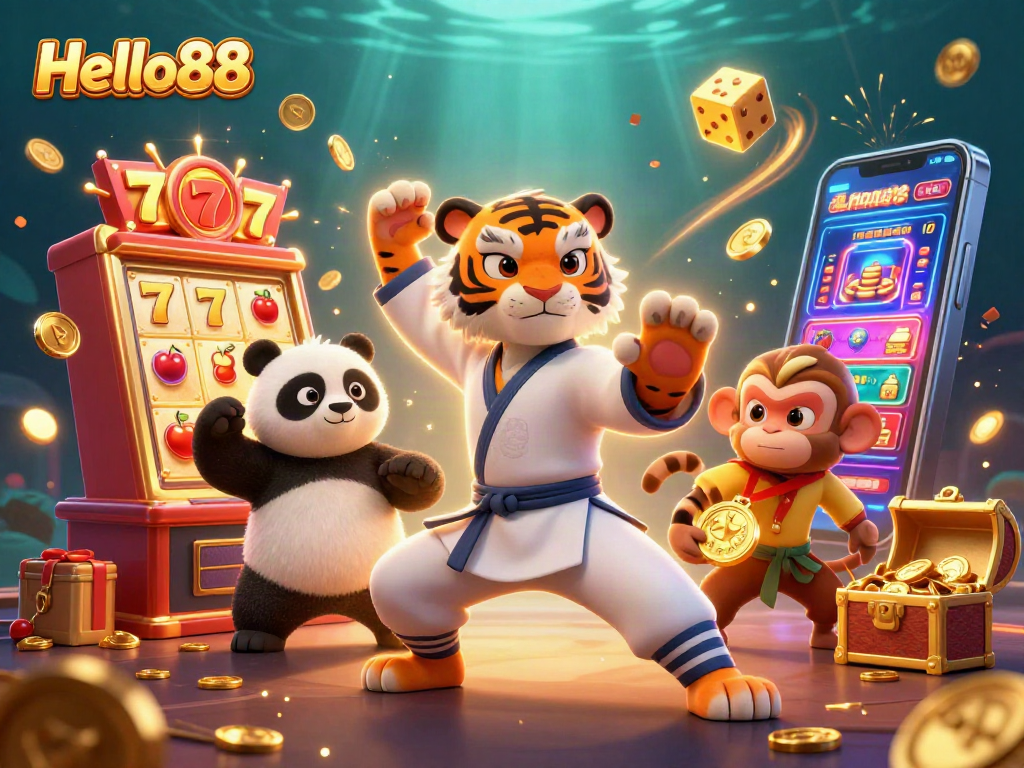 Spin the Hello88 slot machine with a kung fu tiger and panda, experiencing big wins and joyful moments.