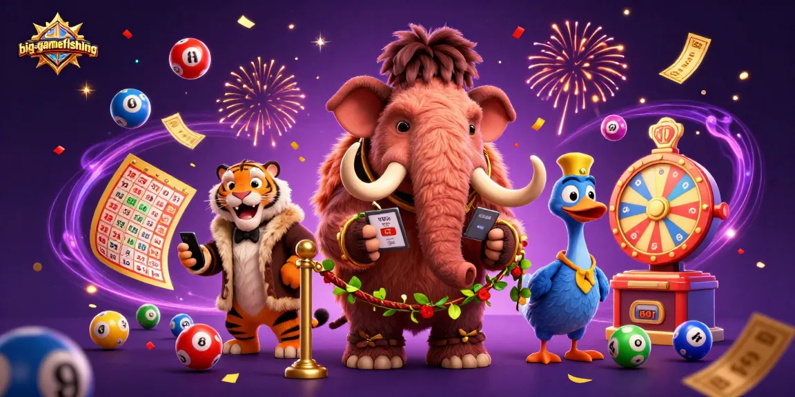 Engage in big-gamefishing with vibrant casino elements and colorful characters in a lively scene.