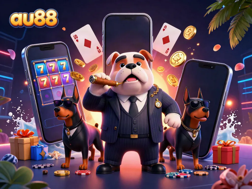 Experience thrilling slots with au88, featuring a mafia boss bulldog and vibrant game elements.