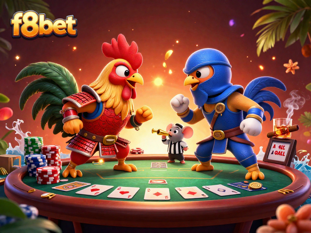 Experience thrilling action with f8bet’s incredible 3D roosters battling in a vibrant casino scene.