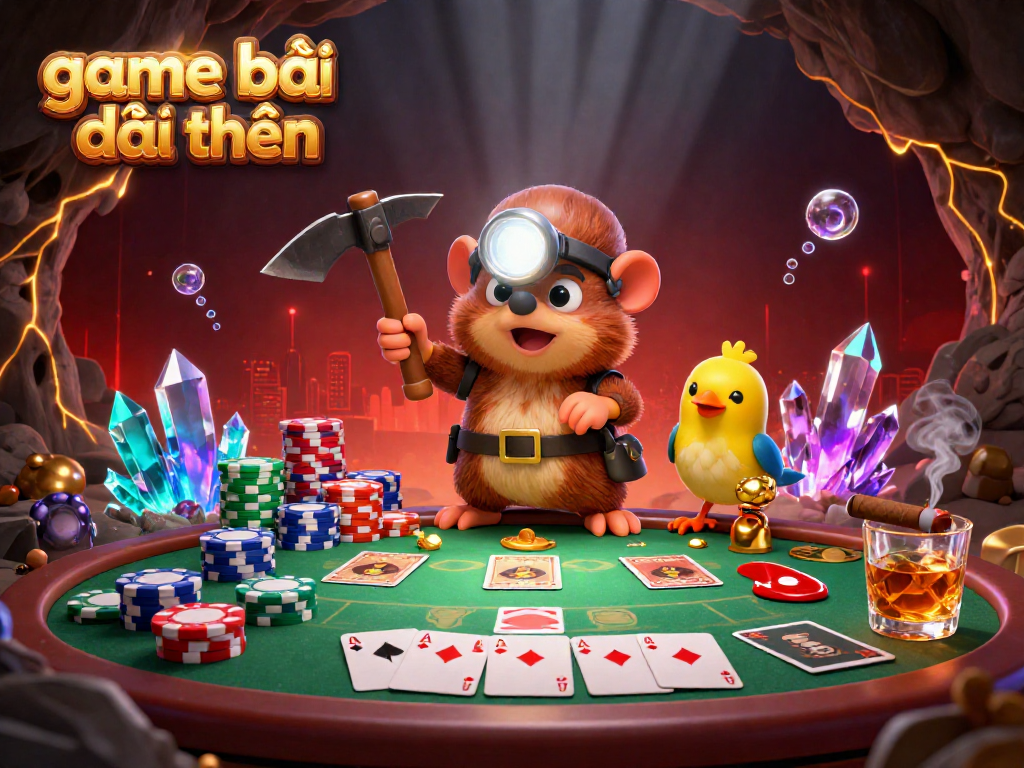 Engage in the vibrant world of game bài đổi thưởng with a treasure hunter mole amid poker riches and glowing gems.