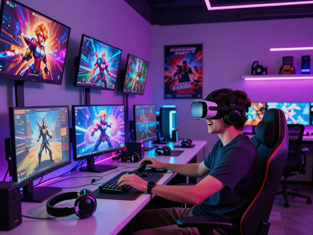 Engaged player experiencing immersive porn games in a vibrant gaming studio.