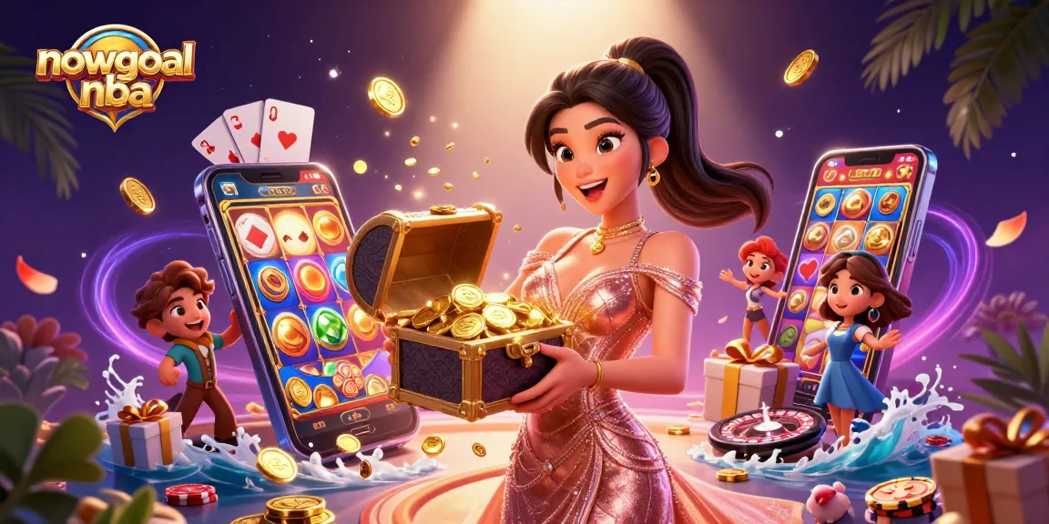Bet on nowgoal nba with vivid 3D illustrations of lady presenting treasures while gaming elements explode around her.